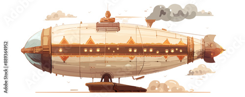 Steampunk flying airship, Vector flat minimalistic isolated illustration