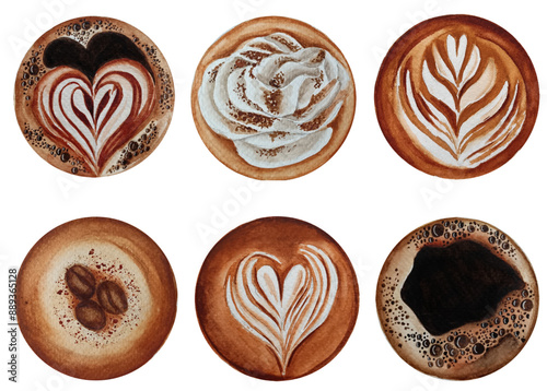 Top view of hot coffee cappuccino spiral heart foam. Watercolor  latte coffee art set. Hot coffee drinks illustration.