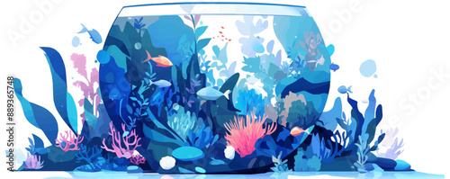 Abstract representation of an aquarium using geometric shapes and aquatic colors, blending artistry, Vector flat minimalistic isolated illustrationylized interpretation.