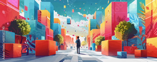 A man stands in front of a colorful cityscape with buildings made of blocks. The scene is vibrant and lively, with a sense of movement and energy. The man is looking up at the sky