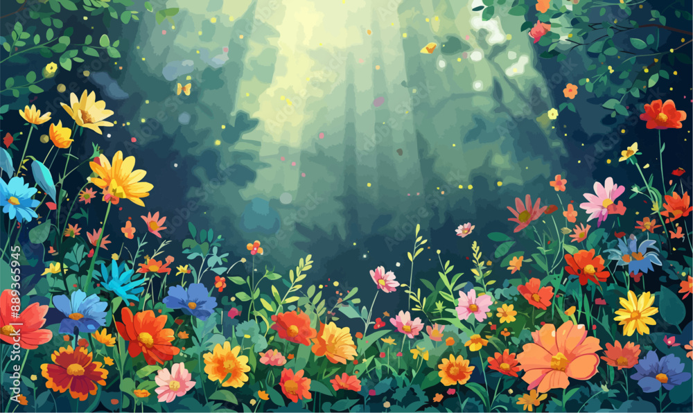 A painting of a field of flowers with a bright sun shining through the trees. The mood of the painting is cheerful and peaceful