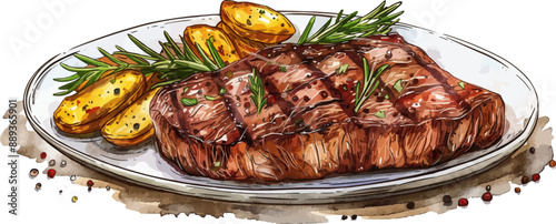 A plate of steak and potatoes with a garnish of rosemary. The steak is cooked medium rare and the potatoes are seasoned with salt and pepper. The plate is set on a table