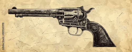 A gun is shown in a black and white drawing. The gun is a revolver and is shown in a very detailed manner. Scene is serious and somber, as the gun is a symbol of violence and danger