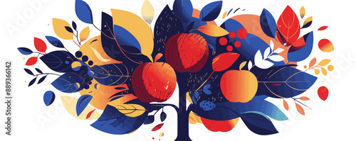 Abstract representation of an apple tree using geometric shapes and vibrant colors, blending artistic flair with natural elements. , Vector flat minimalistic isolated illustration