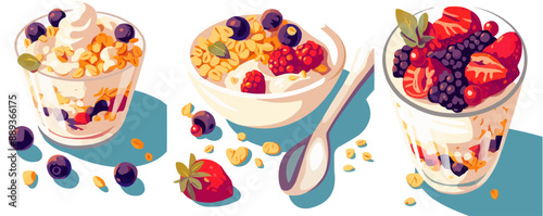 Yogurt parfait with granola and berries, Vector flat minimalistic isolated illustration