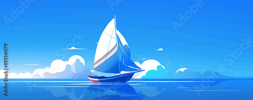 Sailboat with billowing sails on a calm sea, Vector flat minimalistic isolated illustration