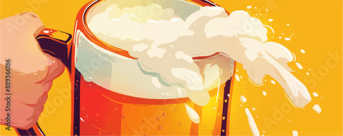 Traditional beer pitcher with intricate handle and frothy beer overflowing, Vector flat minimalistic isolated illustration