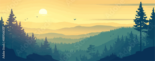 Sunrise over a misty valley between hills, morning tranquility vector flat minimalistic isolated illustration