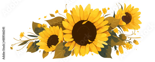 Yellow sunflower with green leaves, Vector flat minimalistic isolated illustration