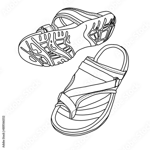 Women's Athletic Sport Walking Slide, Split-toe Comfort Hiking Casual Outdoor Beach Water Slip On Sandals  Line art, Technical sketch hand drawing outline vector doodle illustration isolated on white 