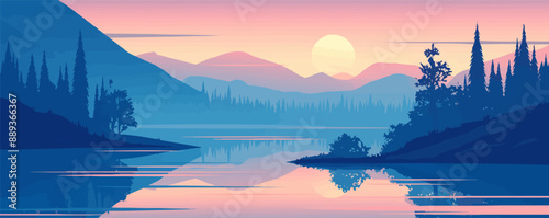 Serene beauty of a tranquil lake reflecting the sunset, Vector flat minimalistic isolated illustration