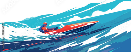 Speedboat racing across rippling waves, Vector flat minimalistic isolated illustration