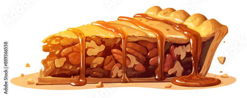 Pecan pie slice with caramel drizzle, indulgent dessert choice vector flat minimalistic isolated illustration