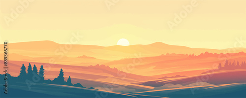 Vibrant sunrise over rolling hills, countryside awakening vector flat minimalistic isolated illustration