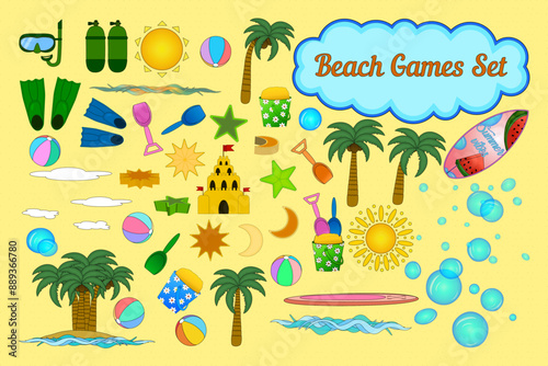 Vibrant vector set featuring beach games and summer activities, perfect for summertime fun and creative projects. Includes toys, palm trees, and more.