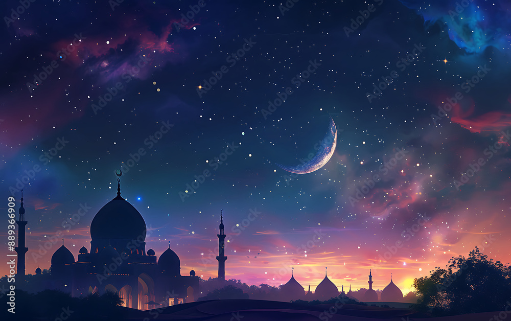 A beautiful night sky with stars and a crescent moon, symbolizing the beginning of Ramadan in Islamic culture A beautiful night sky with stars and a crescent moon, symbolizing the beginning of Ramadan in Islamic culture