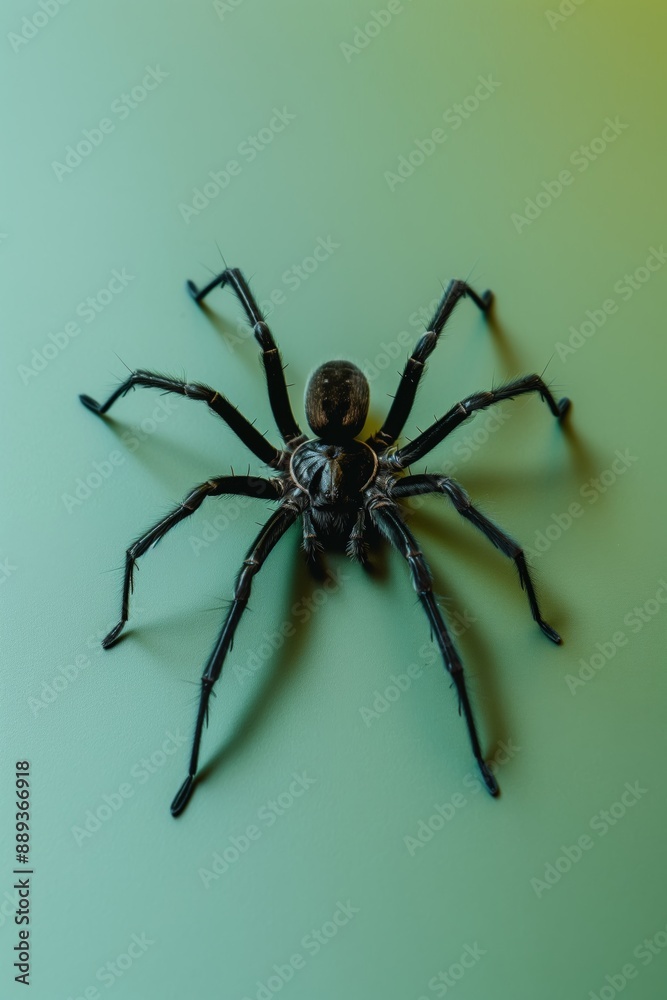 A black spider is on a green surface. The spider is large and has a shiny black body A black spider is on a green surface. The spider is large and has a shiny black body