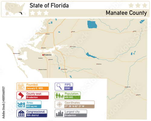 Detailed infographic and map of Manatee County in Florida USA.