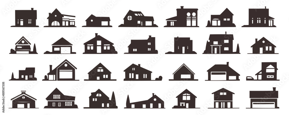 Real estate icon collection: black icons of houses and property symbols, vector flat minimalistic isolated illustration