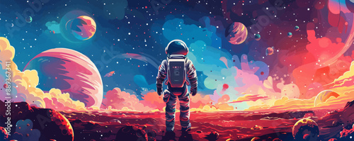Cartoon astronaut, planets and space landscape. vector simple illustration