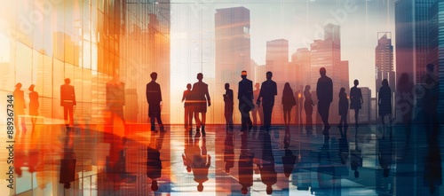 Double Exposure of Business People Collaborating in Office with Cityscape Background, Silhouetted Against Skyscrapers in Soft Daylight