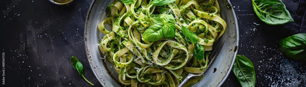 Delicious fresh fettuccine pasta with basil pesto sauce, topped with grated cheese, served in a rustic bowl on a dark wooden table. Delicious fresh fettuccine pasta with basil pesto sauce, topped with grated cheese, served in a rustic bowl on a dark wooden table.