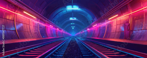 A large underground tunnel with a railway, tram, tram tracks. vector simple illustration