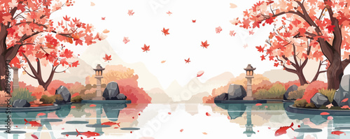 A serene Japanese garden adorned with cherry blossoms, stone lanterns, and a tranquil koi pond. Vector flat minimalistic isolated illustration.