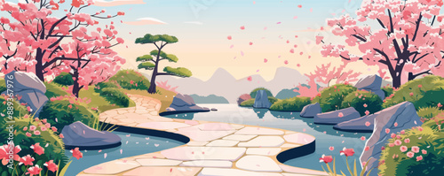 A tranquil Japanese garden with winding paths, serene ponds, and delicate cherry blossoms. Vector flat minimalistic isolated illustration.
