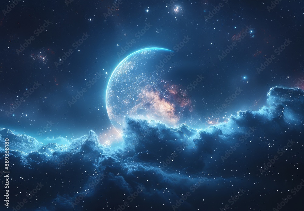 A blue planet with two moons in space, a black background of stars and planets in the sky, sci-fi style, digital art, neon effects, dark blue and silver tones, other worlds in distant orbits, planets A blue planet with two moons in space, a black background of stars and planets in the sky, sci-fi style, digital art, neon effects, dark blue and silver tones, other worlds in distant orbits, planets