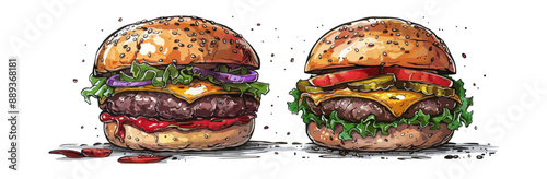 Hand drawn vector bread burger illustration with meatloaf tomato vegetarian dish, white background,