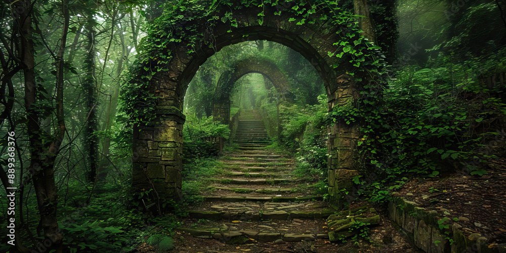 Obraz premium An ancient ivy covered stone archway in the garden.