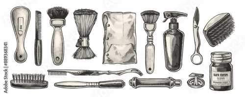 Barbershop set items for professional haircut and shave. Barber tool kit sketch. Vector illustration in