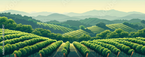 A peaceful vineyard overlooking rolling hills blanketed in rows of grapevines. Vector flat minimalistic