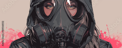 Fashion cyberpunk girl in leather hoodie jacket wears gas mask with protective glasse. vector simple illustration