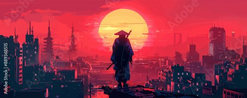 futuristic samurai standing on a building in cyberpunk. vector simple illustration