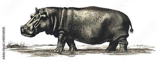 hippopotamus Engraving style. Simple pencil drawing. vector simple illustration