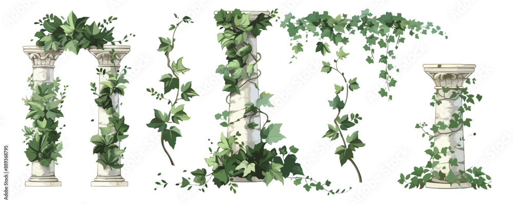Ivy vines and wreaths, and a greek antique column entwined with ivy, elements isolated on white background. Vector illustration in flat cartoon style Ivy vines and wreaths, and a greek antique column entwined with ivy, elements isolated on white background. Vector illustration in flat cartoon style