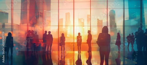 Double Exposure of Business People Collaborating in Office with Cityscape Background, Silhouetted Against Skyscrapers in Soft Daylight