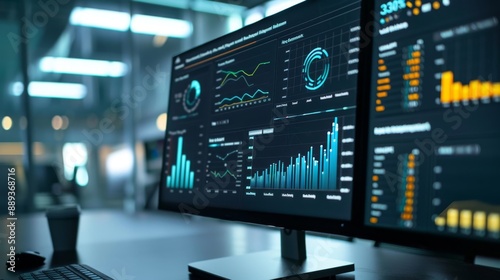 Wallpaper Mural Detailed Business Analysis Displayed on Computer Screen Dashboard, Ideal for Financial and Data Analytics, 4K High-Resolution Wallpaper with AI-Generated Background Torontodigital.ca
