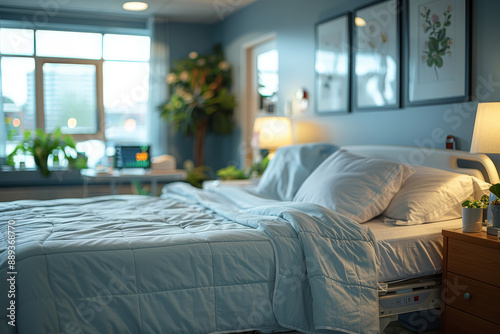 Empty cozy hospital room with bed and medical devices, emphasis on linens and hospital atmosphere