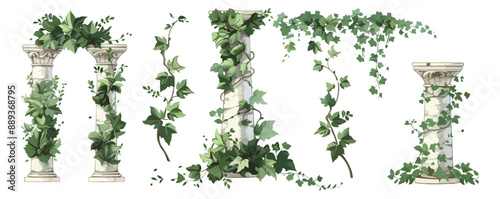 Ivy vines and wreaths, and a greek antique column entwined with ivy, elements isolated on white background. Vector illustration in flat cartoon style
