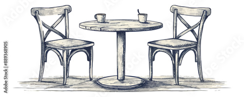 A table with two chairs and two cups. The table is round and has a wooden top. The chairs are wooden and have a cross design. The cups are placed on the table, one on the left side