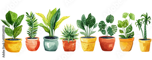 A row of potted plants with different sizes and colors. The plants are arranged in a line, with some taller and some shorter. Scene is calm and peaceful, as the plants are all green