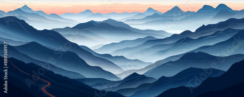 A mountain range with a blue sky in the background. The mountains are covered in clouds and the sky is a mix of blue and orange. The scene is peaceful and serene