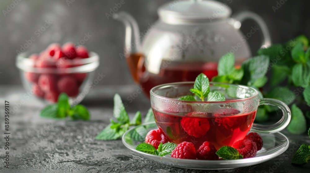A delightful raspberry mint tea presented in a clear cup with mint leaves and raspberries. A glass bowl of raspberries and a tea A delightful raspberry mint tea presented in a clear cup with mint leaves and raspberries. A glass bowl of raspberries and a tea