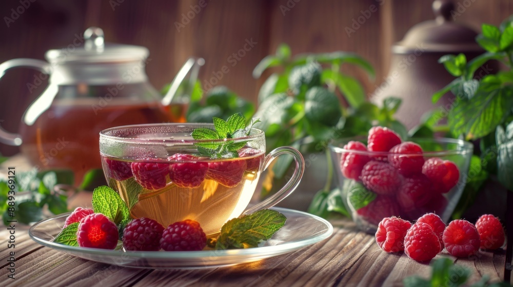 A delightful raspberry mint tea presented in a clear cup with mint leaves and raspberries. A glass bowl of raspberries and a tea A delightful raspberry mint tea presented in a clear cup with mint leaves and raspberries. A glass bowl of raspberries and a tea