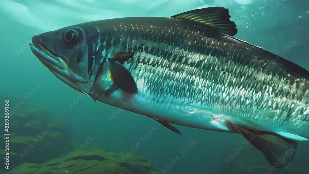 Fish farming industry. Silver perch close-up swims underwater. Fishing concept. Under water world. Herring fish, omega 3. Fish farming industry. Silver perch close-up swims underwater. Fishing concept. Under water world. Herring fish, omega 3.