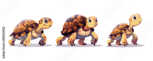 Cute Turtle with Shell and Short Feet Engaged in Different Activit. vector simple illustration