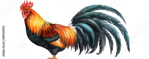 A rooster with a red head and black and white feathers
